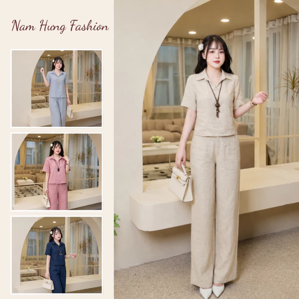 Sét đũi áo cổ đức kèm quần ống xuông chất liệu đũi mềm mịn mát, set bộ thanh lịch đi chơi dạo phố - Nam Hưng fashion