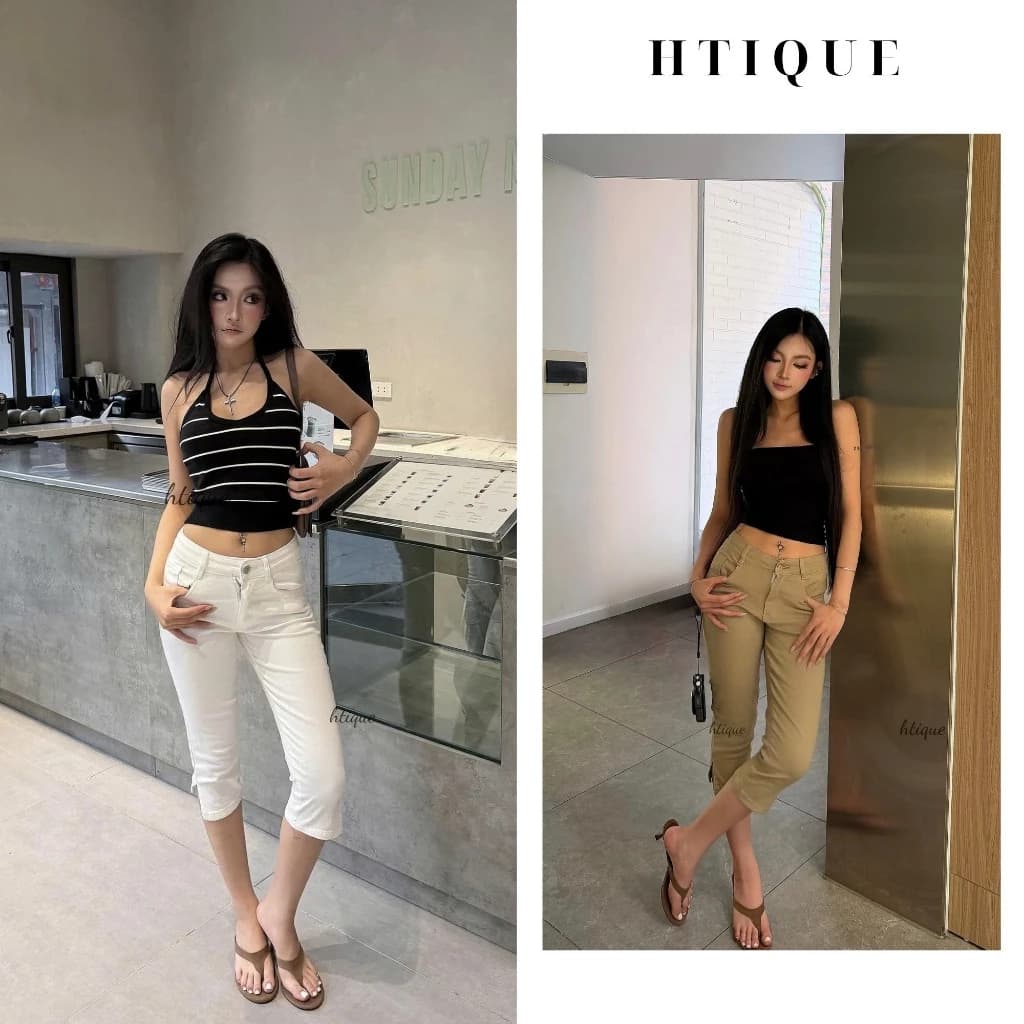HTIQUE -  BST Quần jeans ngố hai màu xẻ gấu điểm nhấn, Quần jean denim cá tính tôn dáng QB29
