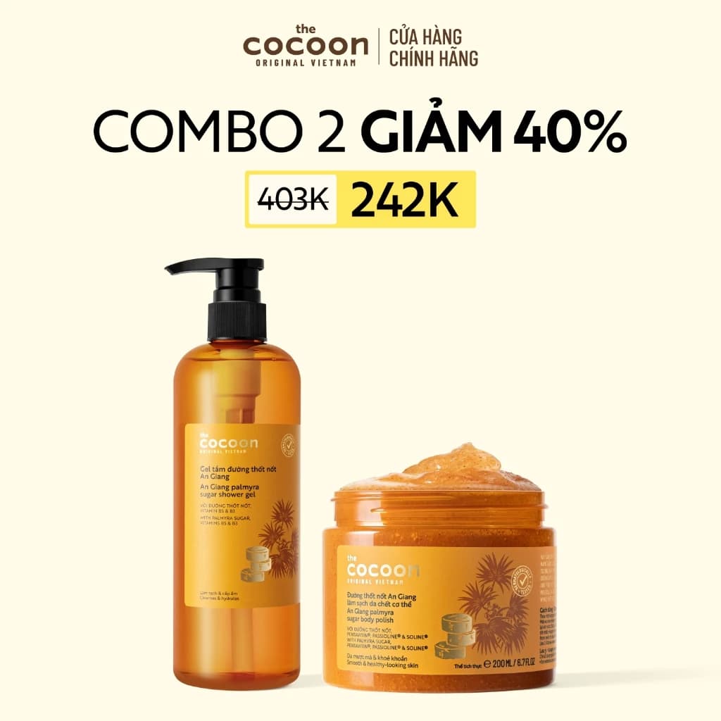 [MUA 2 GIẢM 40%] Combo 1 Gel tắm đường thốt nốt 500ml + 1 Hũ Tẩy da chết cơ thể đường thốt nốt An Giang Cocoon 200ml