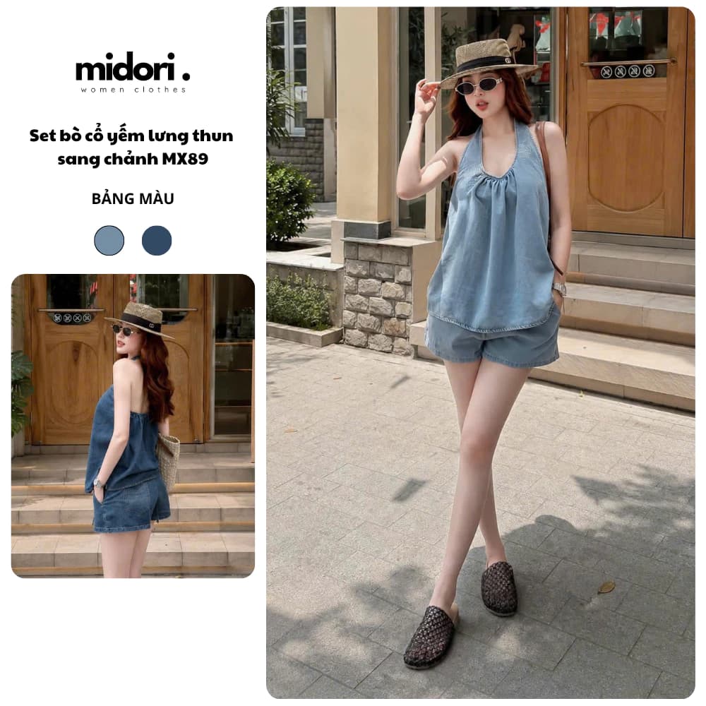 Set bò jean cổ yếm Quảng Châu Loại 1 Midori Shop Set hotgirl denim sang chảnh chuẩn WGWE MX89