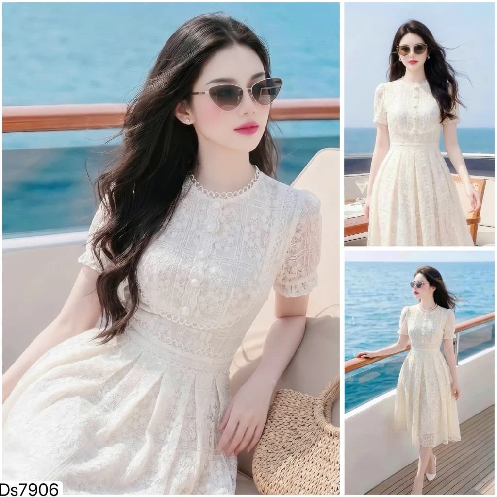 Đầm Modern Màu Trắng Kem Chất Ren Cao Cấp Tôn Dáng Che Khuyết Điểm Nhẹ Nhàng