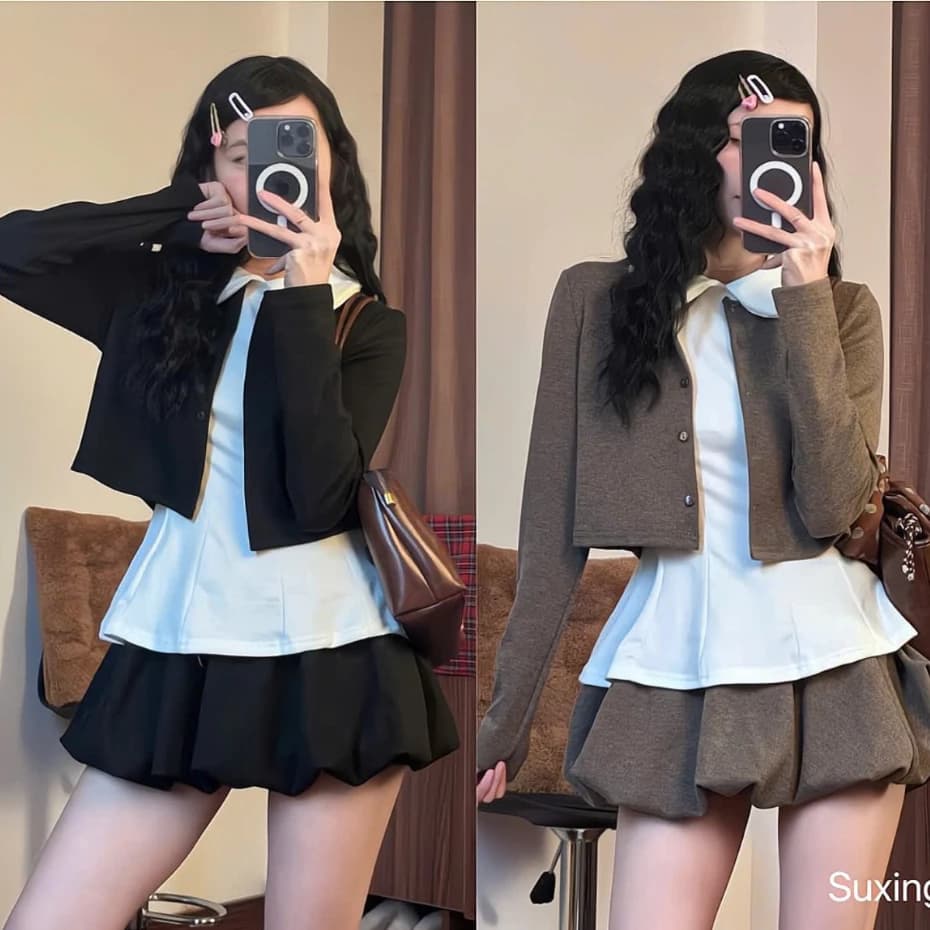SUXING| Set 3 Áo Cardigan Mix Áo Sơ Mi Cổ Sen Phối Chân Váy Bí - S308