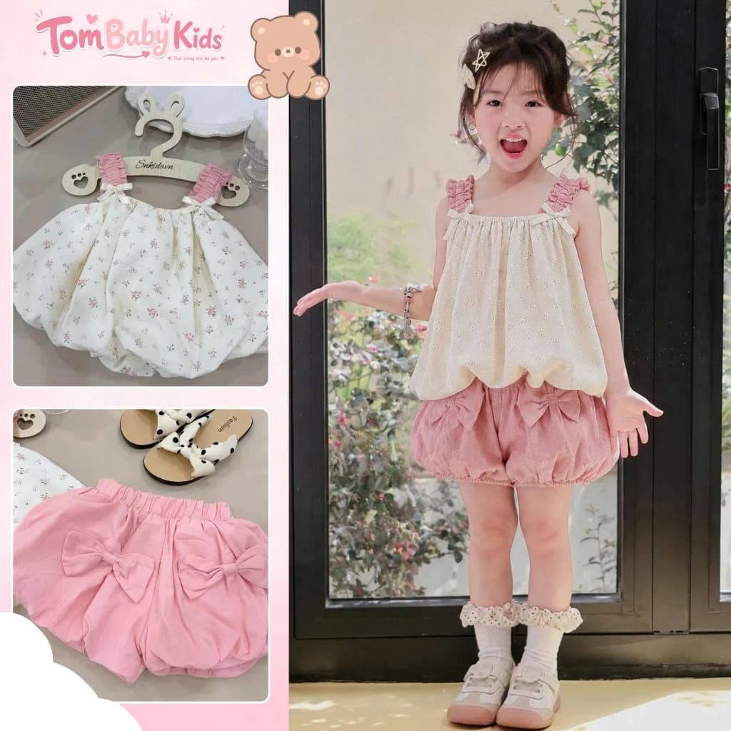 Set đồ bé gái, đồ bộ bé gái 2 dây Đũi Hoa Nhí phối quần bí Hồng Nơ xinh xắn 9-27kg Tom Baby Kids (B-109-HN)
