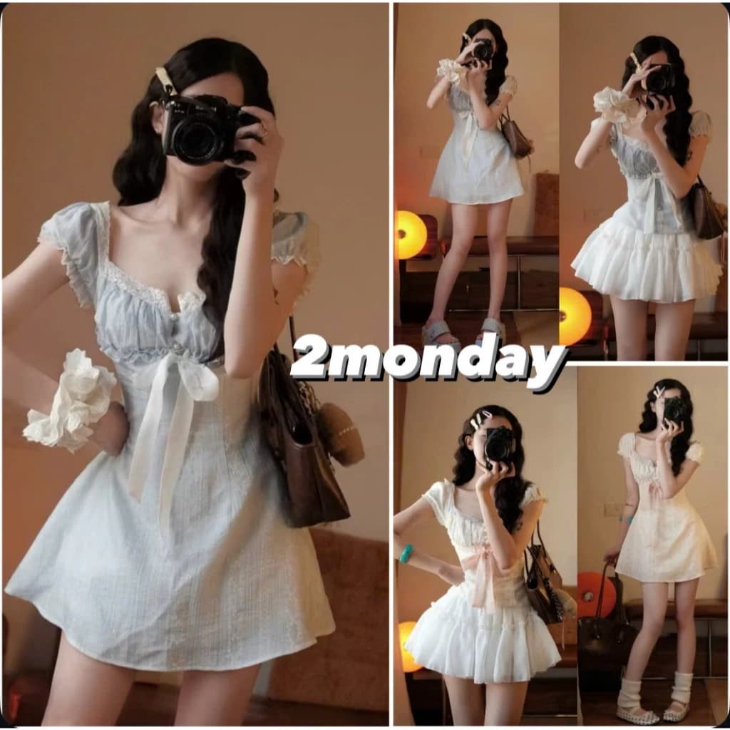 [HÀNG LOẠI 1/ SẴN] SET VÁY ÁO CỔ VUÔNG PHỐI REN TAY BỒNG MIX NƠ THẮT SIÊU XINH 2MONDAY S74