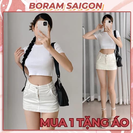 Chân váy trắng ngắn bó sát chất liệu kaki, quần giả váy tôn dáng cá tính BORAM SG