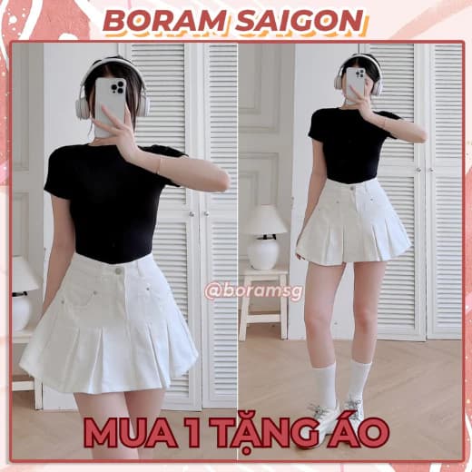 Chân váy jean kaki nữ, chân váy nữ xòe xếp ly BORAM SG