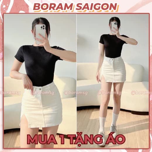 Chân váy kaki ngắn chữ a, chân váy nữ trắng xẻ tà tôn dáng BORAM SG (có quần trong)