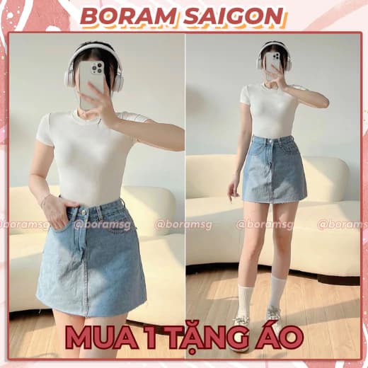 Chân váy jean nữ ngắn, chân váy lưng cao Hàn Quốc BORAM SG (có quần bảo hộ)