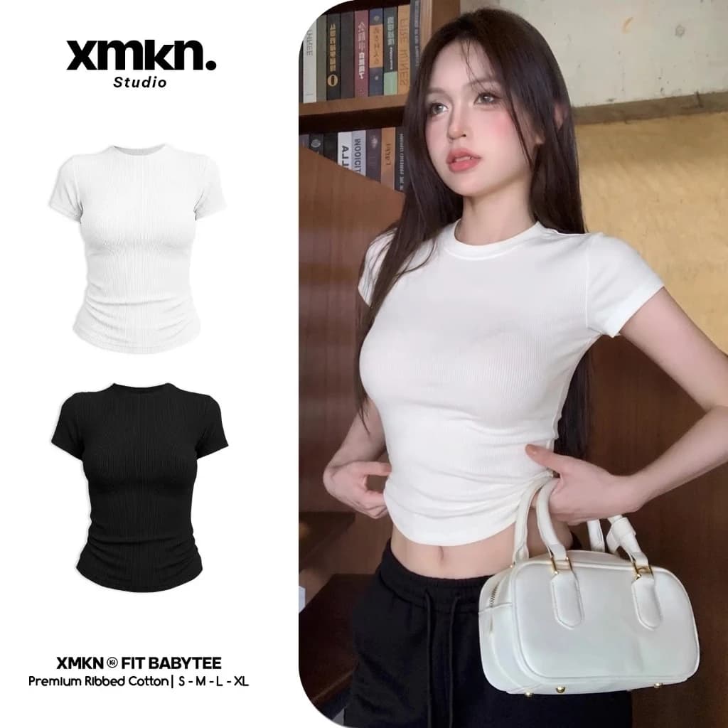Áo Babytee Nữ Ôm Body - Áo Thun Ôm Eo Cổ Tròn Ribbed Cotton,Trơn Basic Đen Trắng