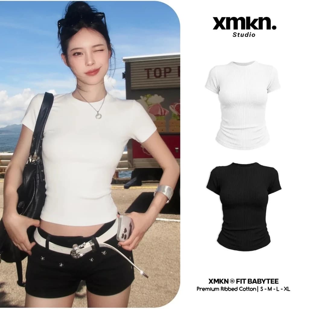 Áo Thun Ôm Thắt Eo Body Nữ - Áo Babytee Ôm Eo Cổ Tròn Ribbed Cotton,Trơn Basic Đen Trắng