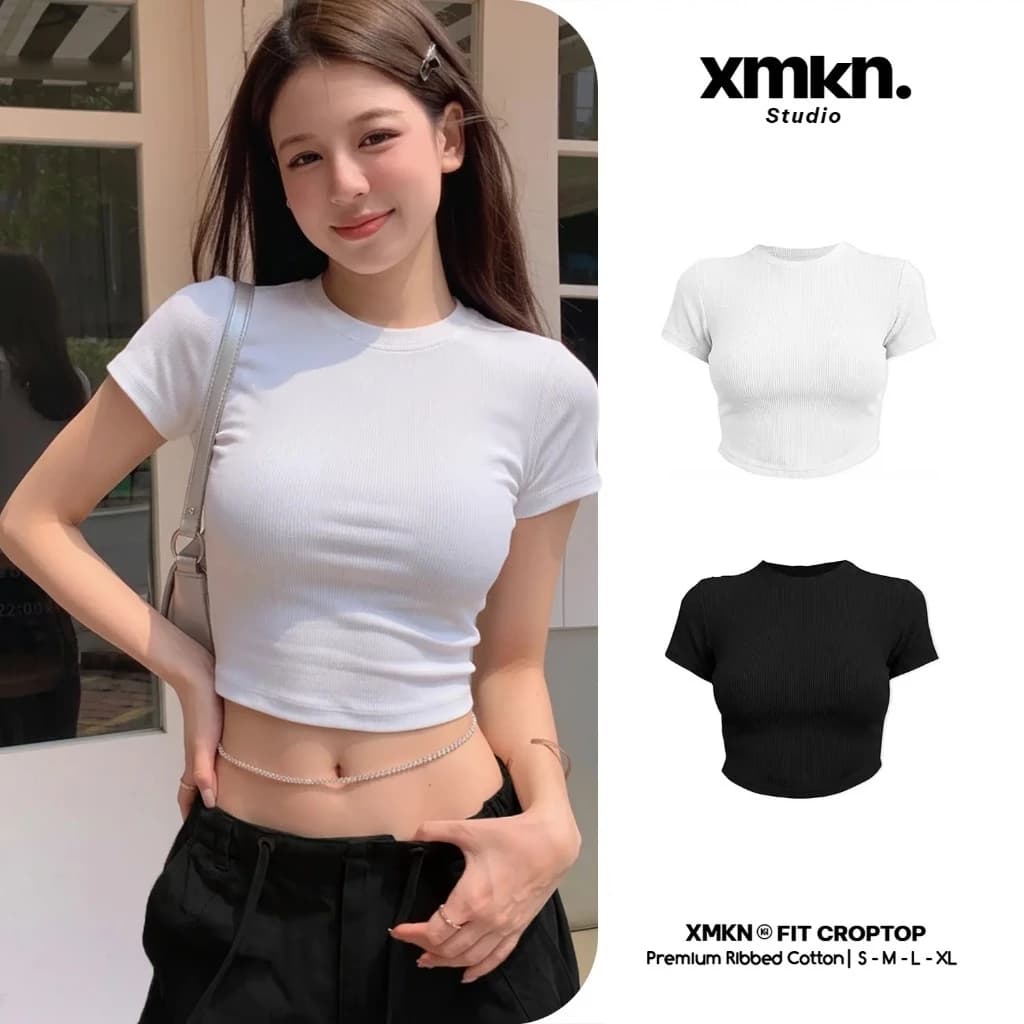 Áo Croptop Ôm Body XMKN - Áo Thun Gân Nữ Dáng Ngắn Tôn Dáng Y2K Basic Đen Trắng