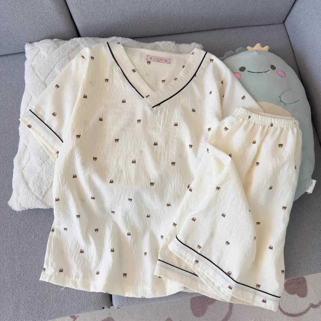[Sẵn] Bộ ngủ pyjama nữ chất đũi cổ tim mặc nhà mỏng mát hoạ tiết đáng yêu nhiều màu sắc