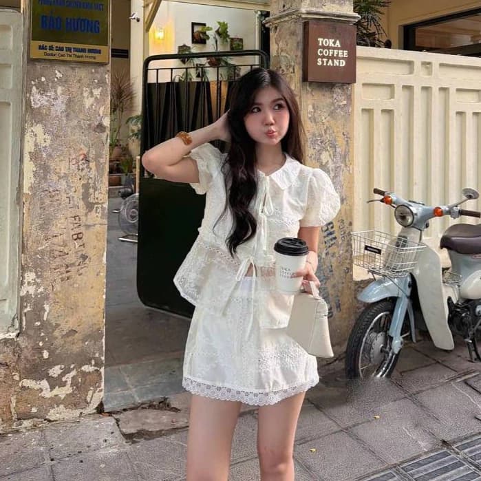 Set áo tay bồng phối dây buộc cổ sen kèm chân váy chữ A tiểu thư MUZA S64