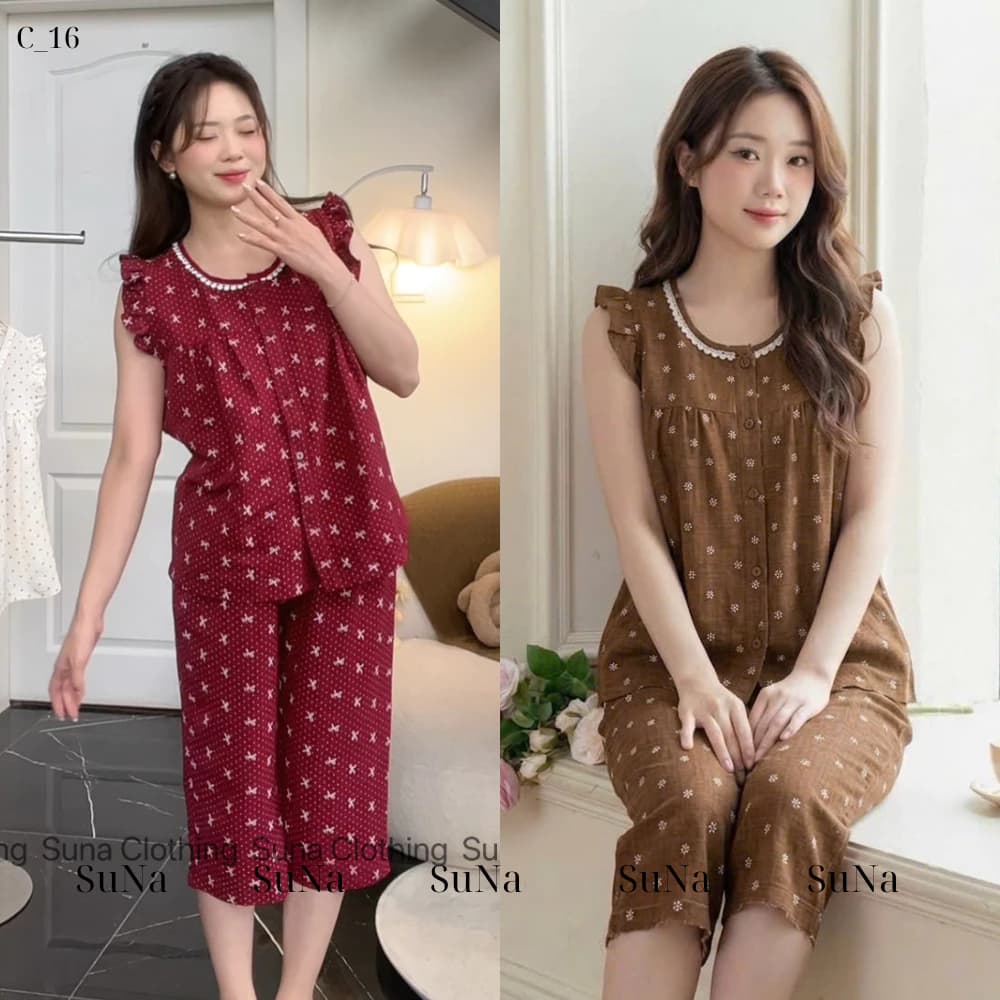 Bộ pijama nữ kẻ phối mặc nhà sát nách quần lửng chất thô đũi,mềm mại thoải mái  P21