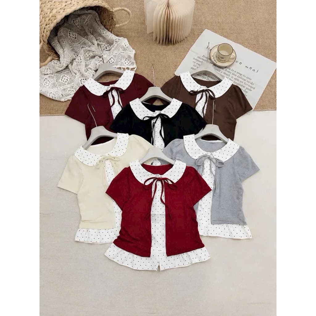 🎀 ÁO THUN GIẢ SET HAI MẢNH CHẤM BI CỔ SEN NƠ TIỂU THƯ 🎀 ✨ NGỌT NGÀO, THANH LỊCH – DIỆN LÀ Đ