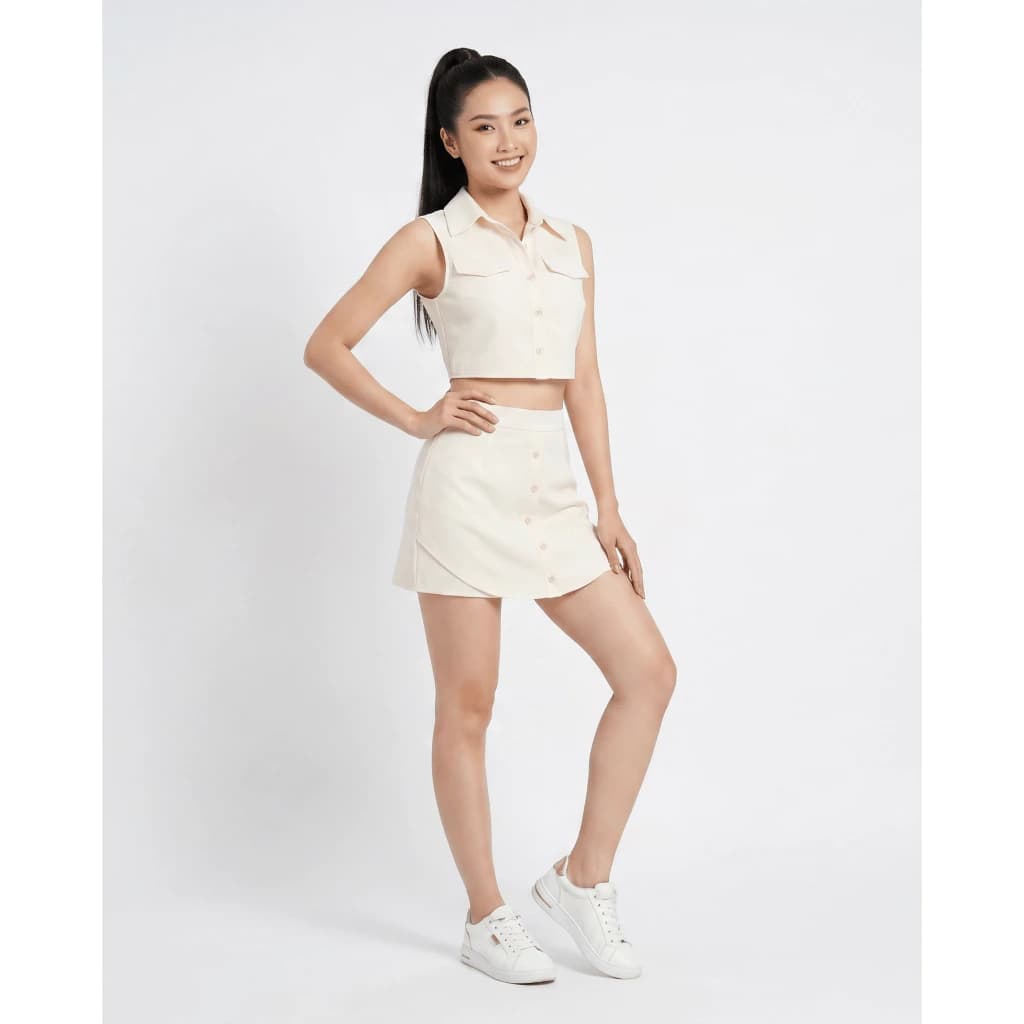 Set Áo Sơmi Croptop Nữ Chân Váy Mini Vàng Nhạt