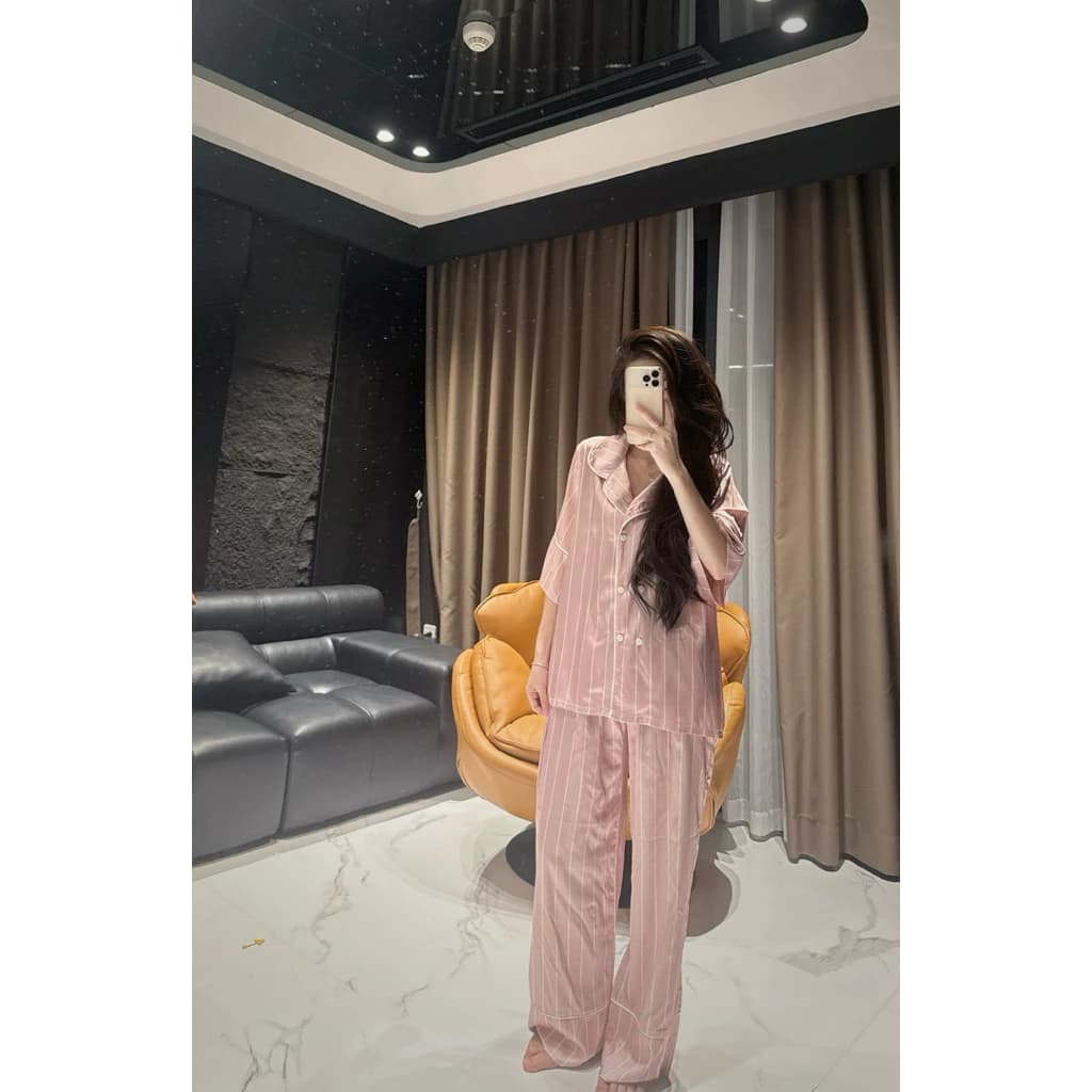 (LỤA LATIN CAO CẤP) Bộ đồ ngủ pijama CỘC - DÀI KẺ SỌC mix trắng DÁNG VEST 2 hàng khuy BYCHUN