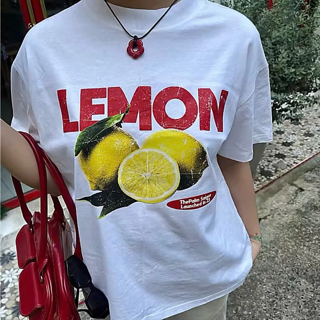Áo Thun Trái Cây Lemon Form Boxy In Hình Quả Chanh "CHANH" Cá Tính, Cotton Mềm Mịn Cao Cấp