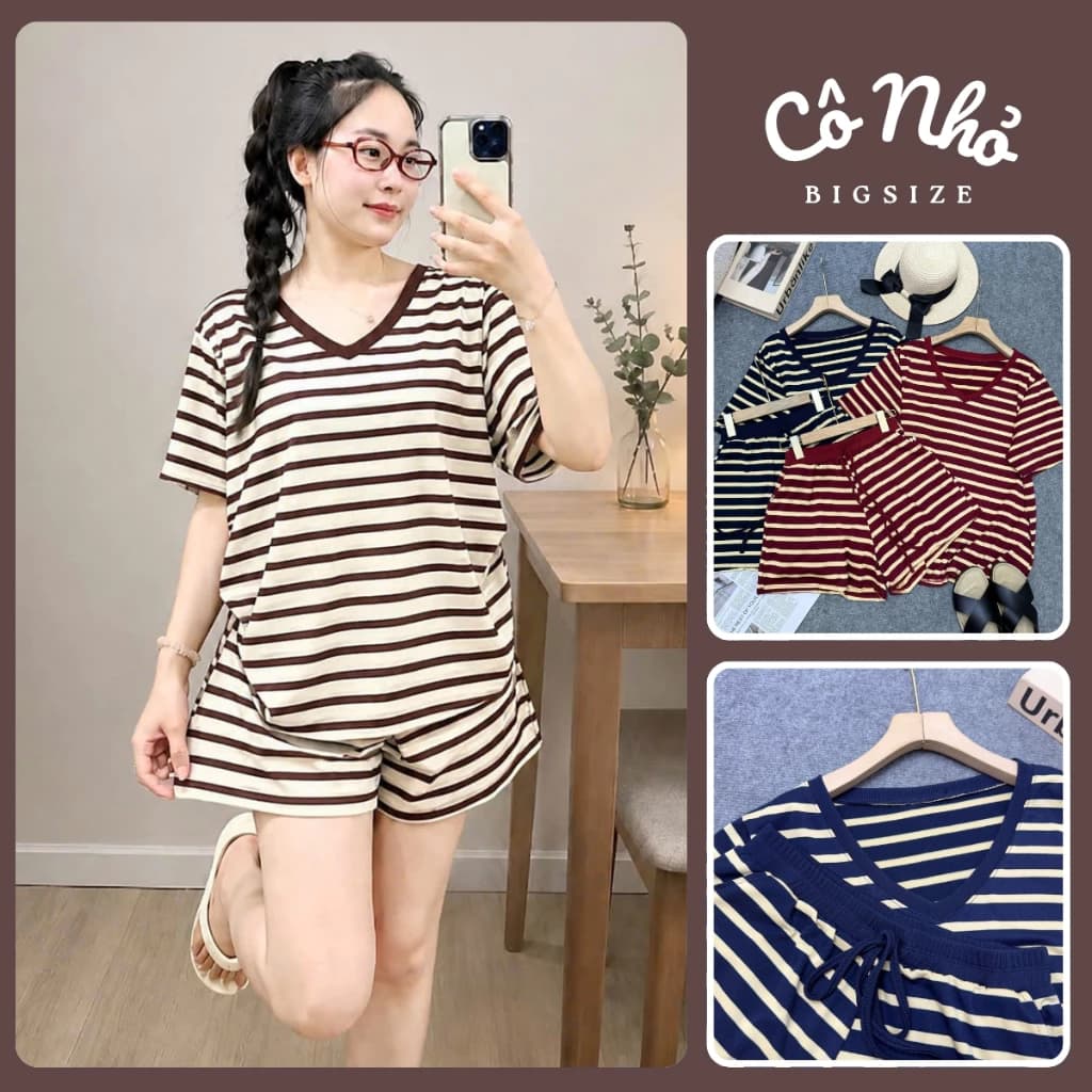 Đồ Bộ Bigsize Nữ Set Áo Thun Cổ Tim Phối Quần Đùi Lưng Chun Kẻ Sọc Cho Chubby SET879