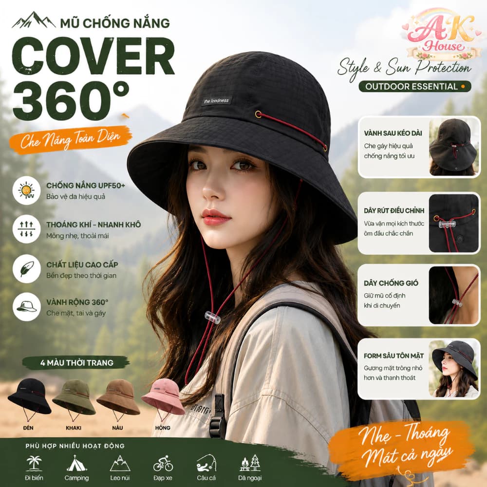 AK House Mũ Chống Nắng Nữ Che Gáy 360 Độ Vành Rộng Form Sâu Tôn Mặt Dây Rút Điều Chỉnh UPF50+ Đi Biển Đi Phượt Outdoor