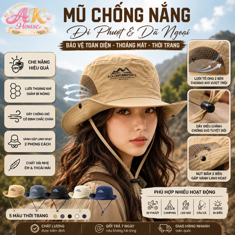 Mũ Bucket MH21 Chống Nắng Nam Nữ Vành Rộng Có Dây Chống Gió Lưới Thoáng Khí Đi Phượt Leo Núi Câu Cá