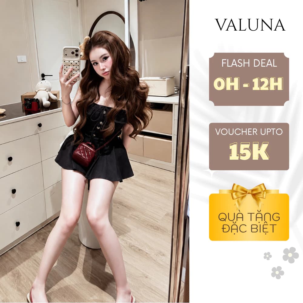 Váy hai dây dáng xòe phối cúc trước thêu hoa nổi tiểu thư cao cấp VALUNA STORE 2662