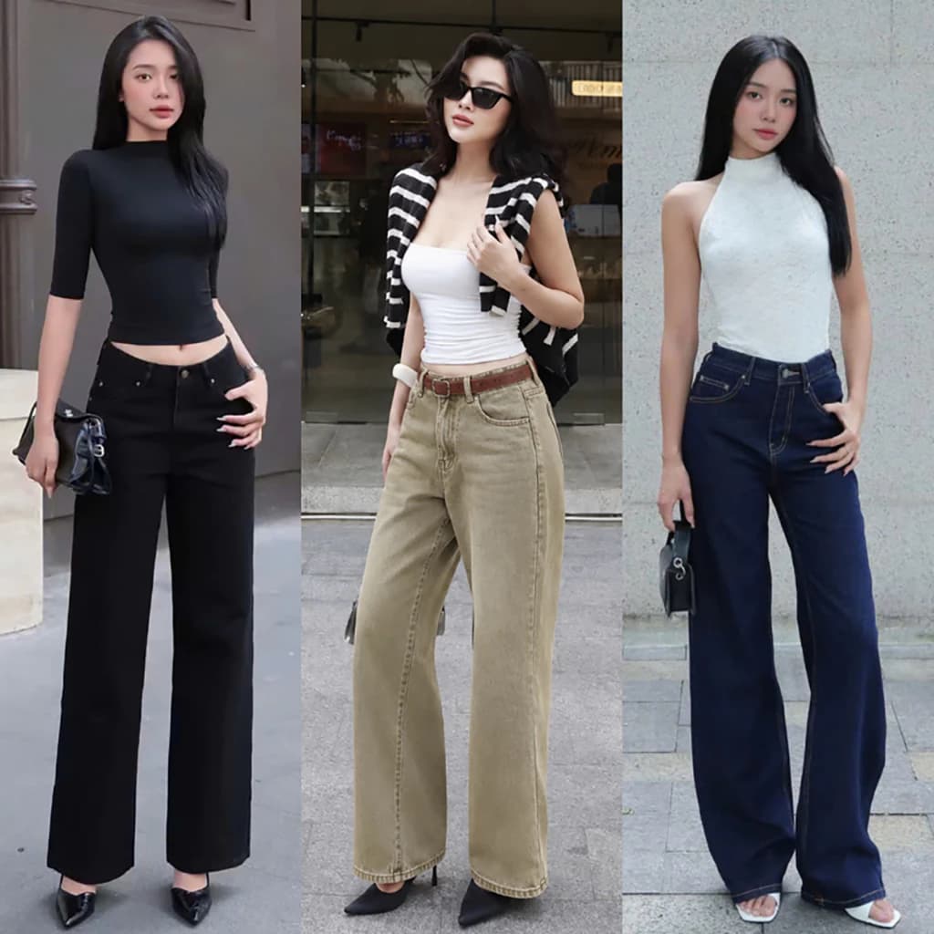 Quần Jean Nữ Lưng Cao Ống Suông Rộng Basic Nhiều Màu,Quần bò dáng dài tôn dáng_The Quạo