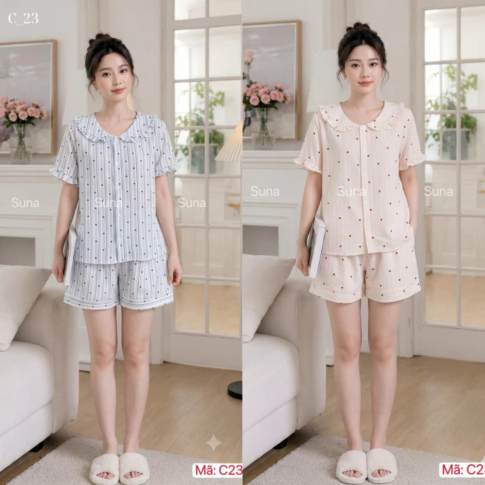 BỘ PIJAMA NỮ MẶC NHÀ TAY CỘC QUẦN ĐÙI CỔ CÁNH SEN CHẤT ĐŨI MỀM MẠI C23