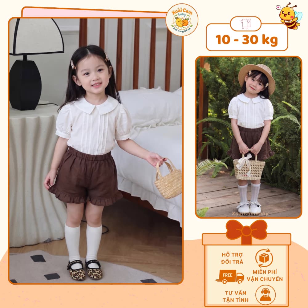 Set Áo Sơ Mi Bé Gái Cổ Sen Phối Quần Short Lưng Chun Thoải Mái, Set Đồ Đi Học Bé Gái Mầm Non, Tiểu Học Mùa Hè - M55