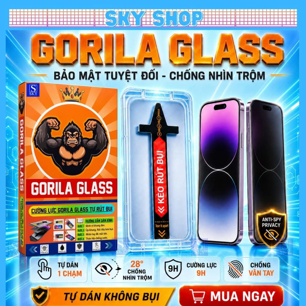 [COMBO 2 KÍNH] Kính GORILA GLASS Chống Nhìn Trộm Cho cường lực iPhone 11 - 18 ProMax , Khung Tự Dán Tự Rút Bụi