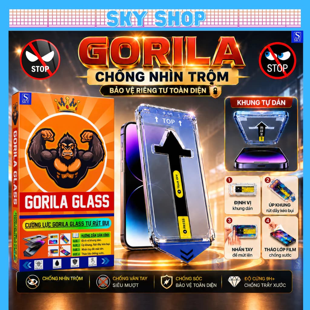 Kính Cường Lực Iphone GORILA Tự Dán Chống Nhìn Trộm FULL HỘP Cho ip 17 ProMax 16 ProMax 18 15 14 13 12 11 Pro Max Xs Xr