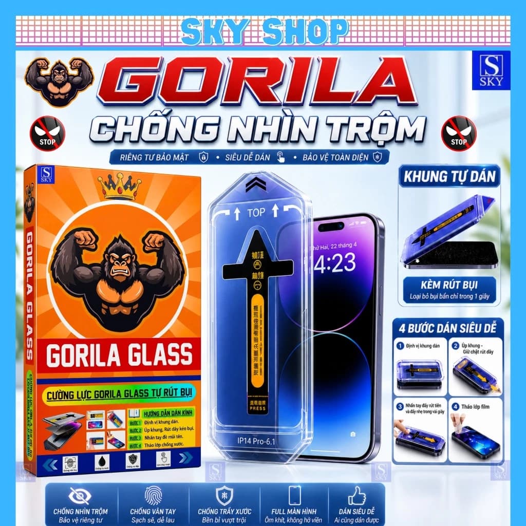 Kính Cường Lực GORILA GLASS Chống Nhìn Trộm Dán Tự Hút Bụi iphone 17 ProMax 16 ProMax 17 Air 18 15 14 13 12 11 X Xs Xr