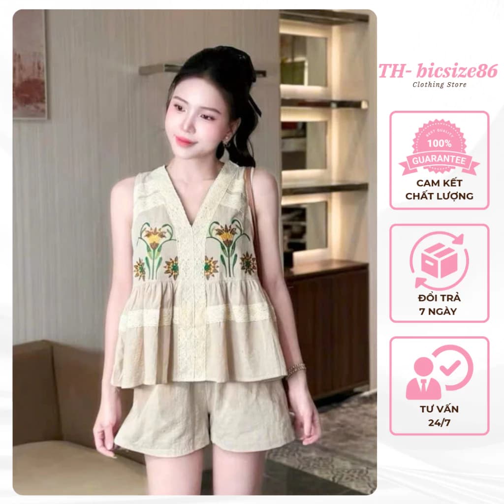 Set áo kiểu nữ babydoll không tay  hinh in kèm quần đùi chất đũi form 45-60kg