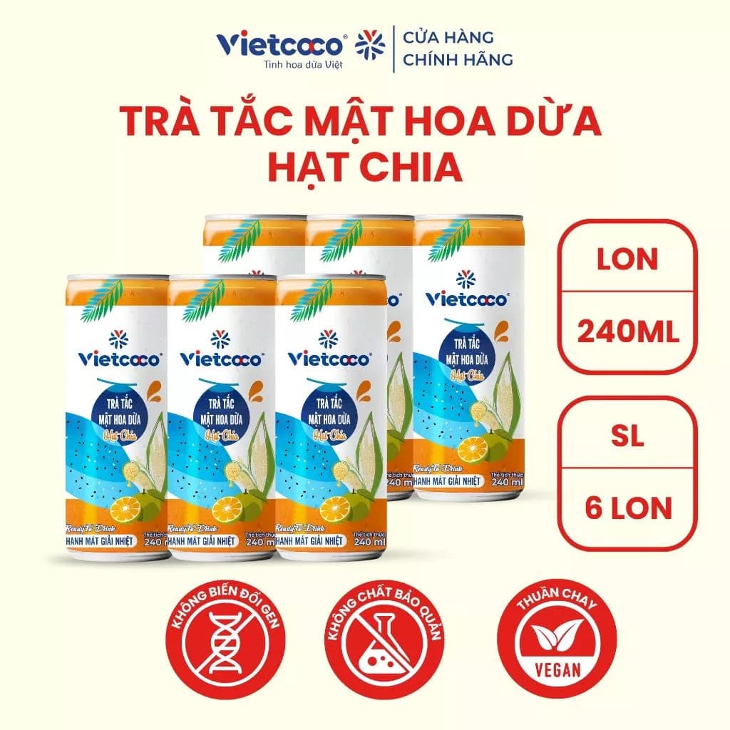 Combo 6 Lon Trà Tắc Mật Hoa Dừa Hạt Chia Vietcoco 240ml