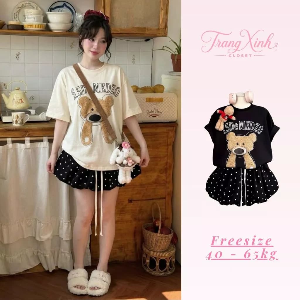 Set Áo Ngắn Tay In Hình Gấu Phối Chân Váy Bí Chấm Bi Bộ Đồ Phù Hợp Đi Chơi, Đi Cafe TX07