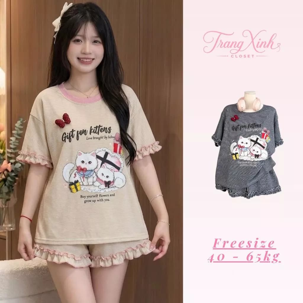 Bộ Đùi Nữ Kẻ Sọc Ngang In Hình Mèo Con Viền Bèo Nhún Dễ Thương Bộ Quần Áo Mặc Đi Chơi, Ở Nhà TX01