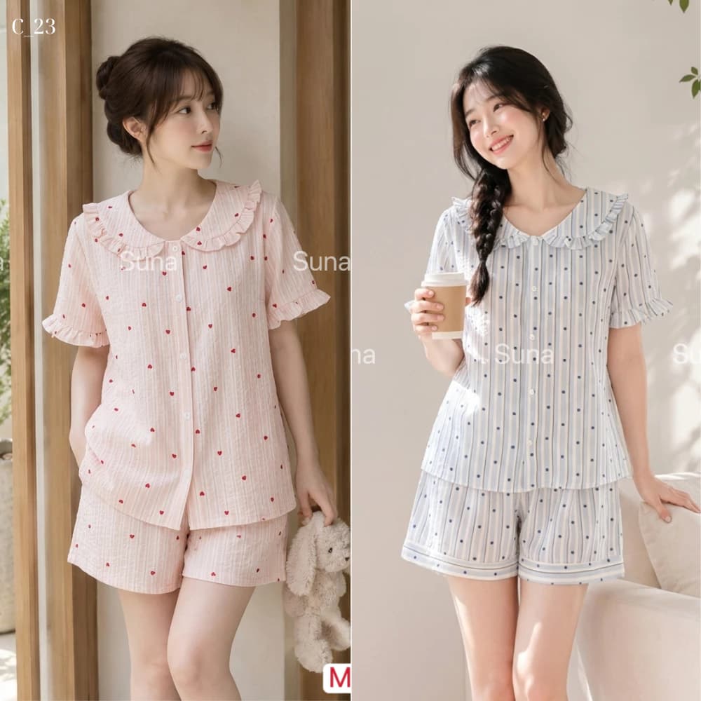 C23 Set Đồ Ngủ nữ Pyjama Tay Ngắn Quần Đùi Mềm Mịn Thoáng Mát Và Thấm Hút Mồ Hôi