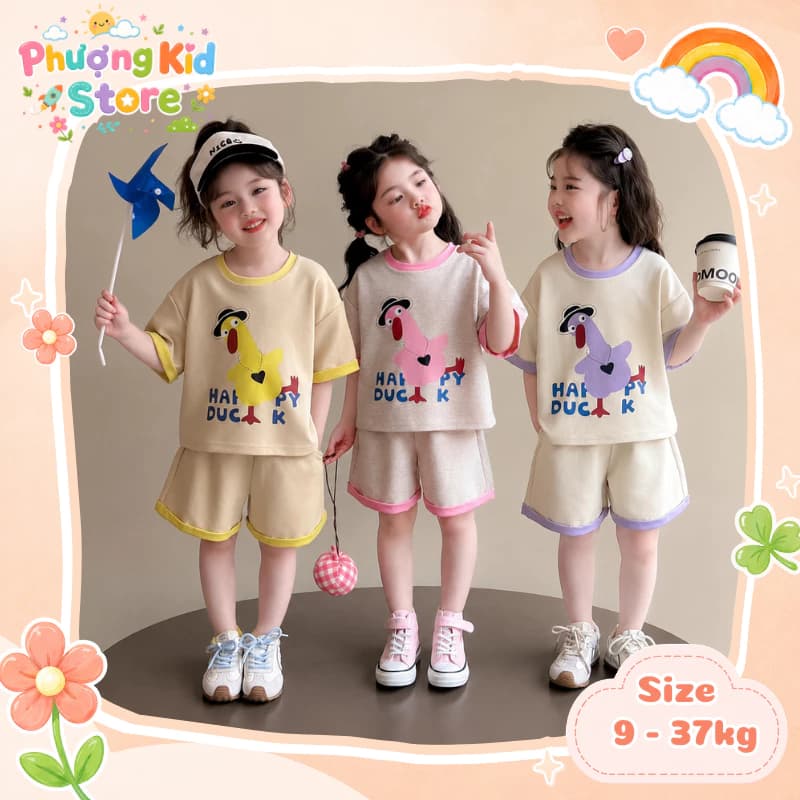[A18] Set Bộ Hè In Hình Mẫu Vịt DUCK Có Túi Quần Cho Bé Gái 3 Màu Hồng Vàng Tím Sz 9-37KG