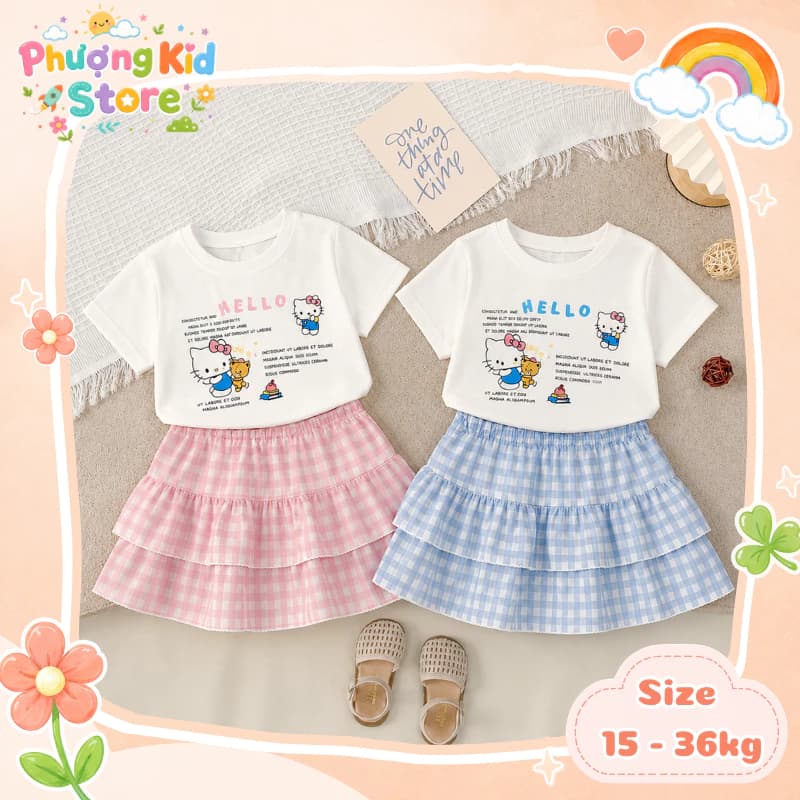 [A28] Set váy bèo 2 tầng cho bé gái, áo thun cotton phối chân váy caro đi học đi chơi phong cách Hàn Quốc 15 - 36kg