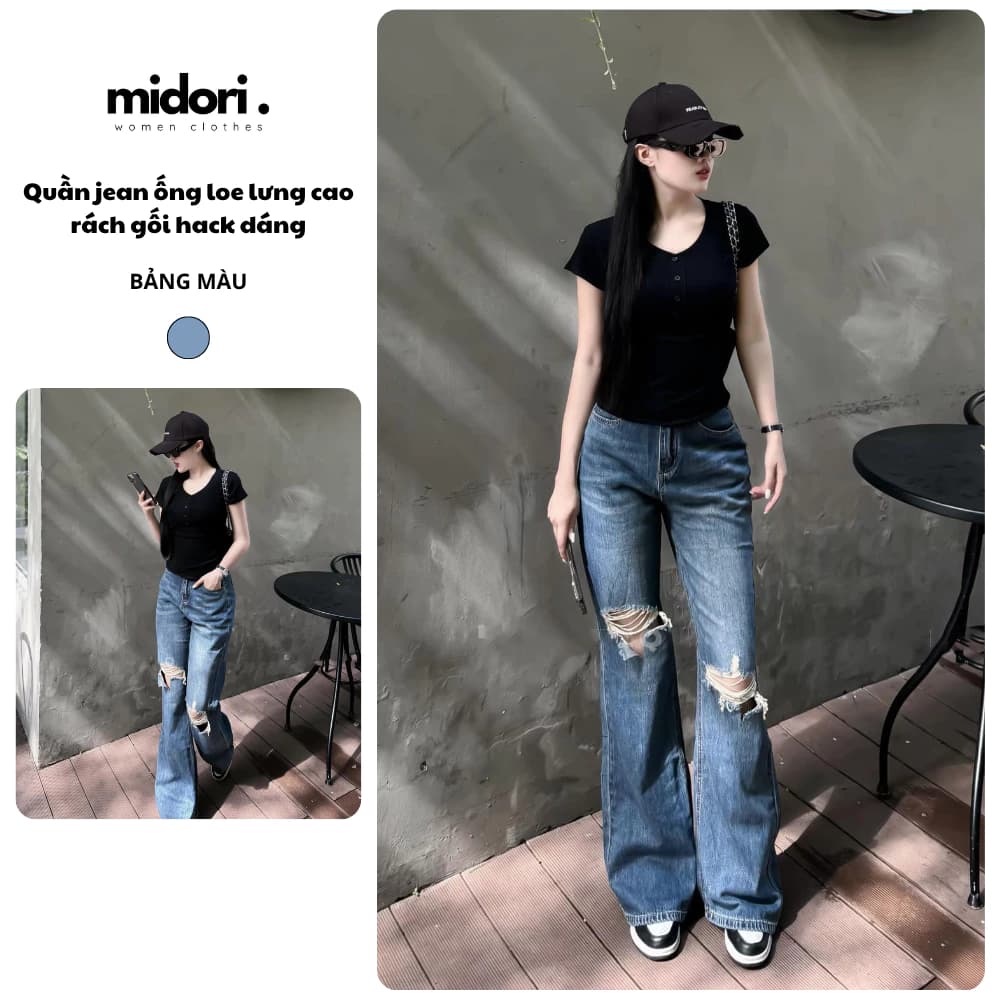 Quần jean ống loe xanh retro lưng cạp cao rách gối Midori Shop Quần bò loe chất jean mềm co dãn S084
