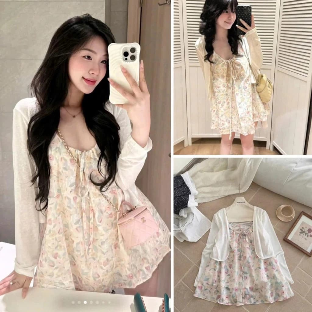 [Hàng sẵn] SET VÁY HAI DÂY BABYDOLL THÔ HOA HỒNG, CHẤM BI MIX ÁO CARDIGAN TRẮNG MỎNG NGỌT NGÀO