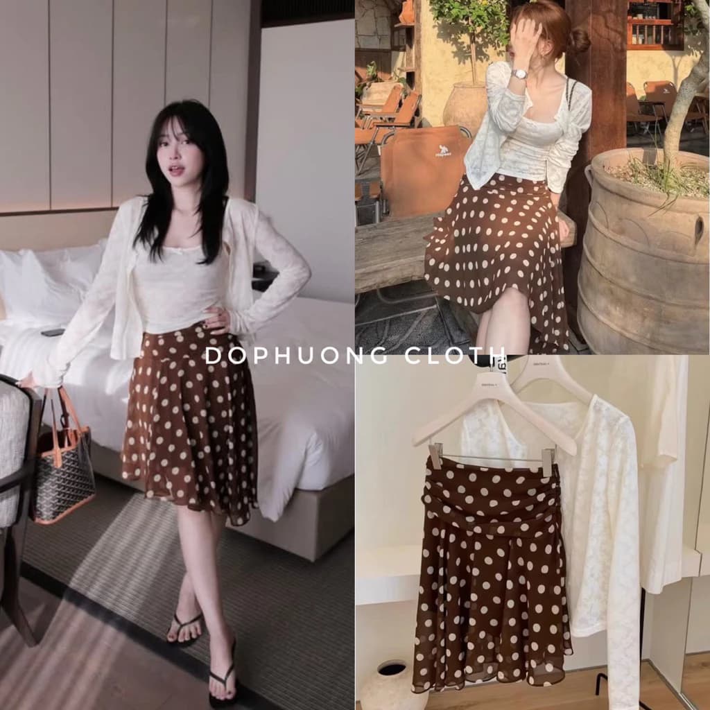 (Hàng QC sẵn) Set áo 2 dây kèm cardigan mỏng và chân váy chấm bi xếp li nữ tính nhẹ nhàng hợp mùa hè đi biển