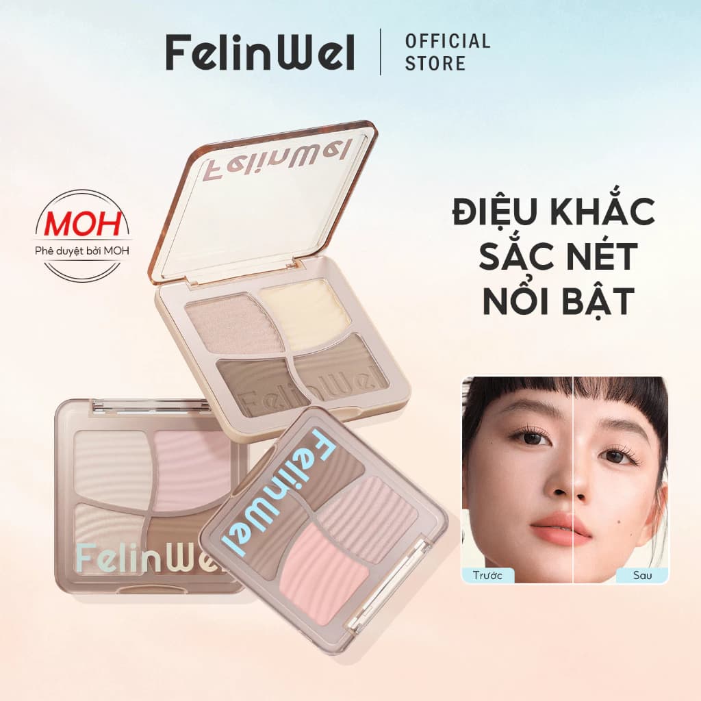 FelinWel - Bảng Tạo Khối 3D 4 Màu (Bronzer + Má Hồng + Bắt Sáng) Được MOH Phê Duyệt, Phấn Mờ Lâu Trôi Tự Nhiên