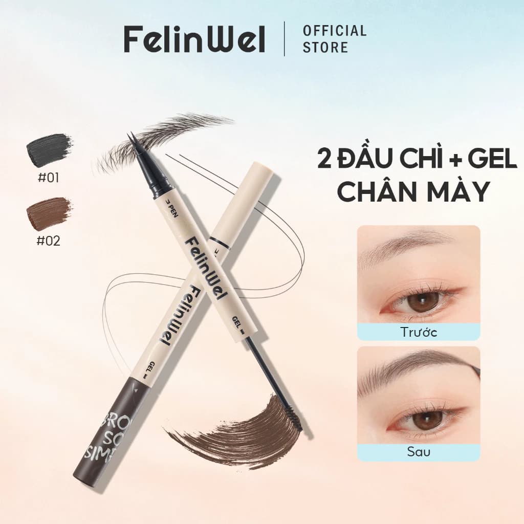 FelinWel - Bút Kẻ Chân Mày 2 Đầu (Dạng Lỏng + Gel Màu) Không Thấm Nước Lâu Trôi, Thuần Chay, Dễ Dùng Cho Người Mới