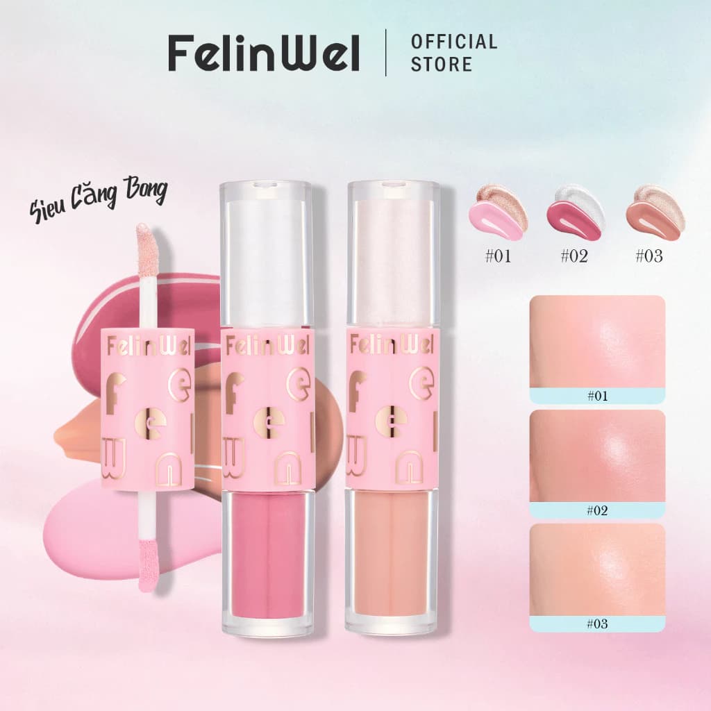 FelinWel - Thỏi 2 Đầu Má Hồng Dạng Kem & Bắt Sáng Siêu Căng Bóng, Chất Lỏng Mỏng Nhẹ Dễ Tán, 3 Tông Màu, 5ml