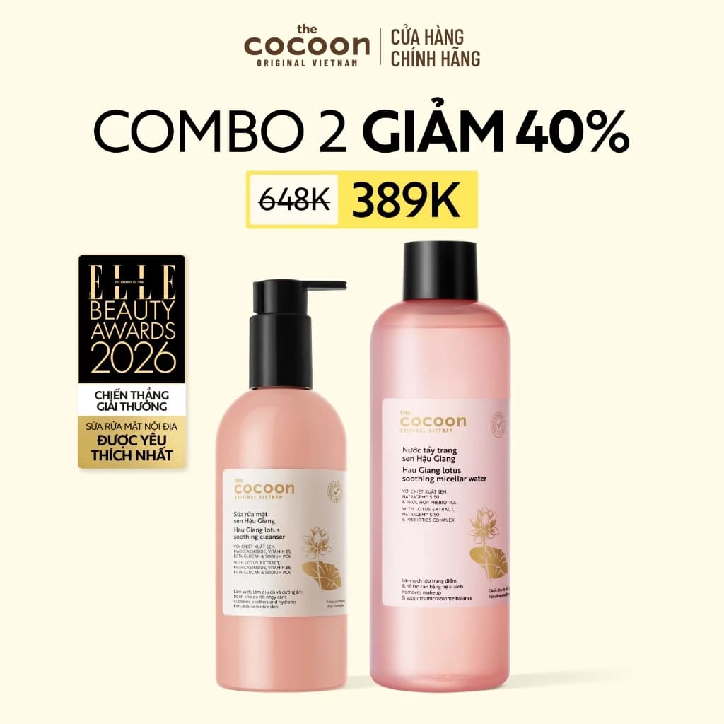 [MUA 2 GIẢM 40%] Combo 1 Nước tẩy trang Sen 500ml + 1 Sữa rửa mặt Sen Hậu Giang Cocoon 310ml