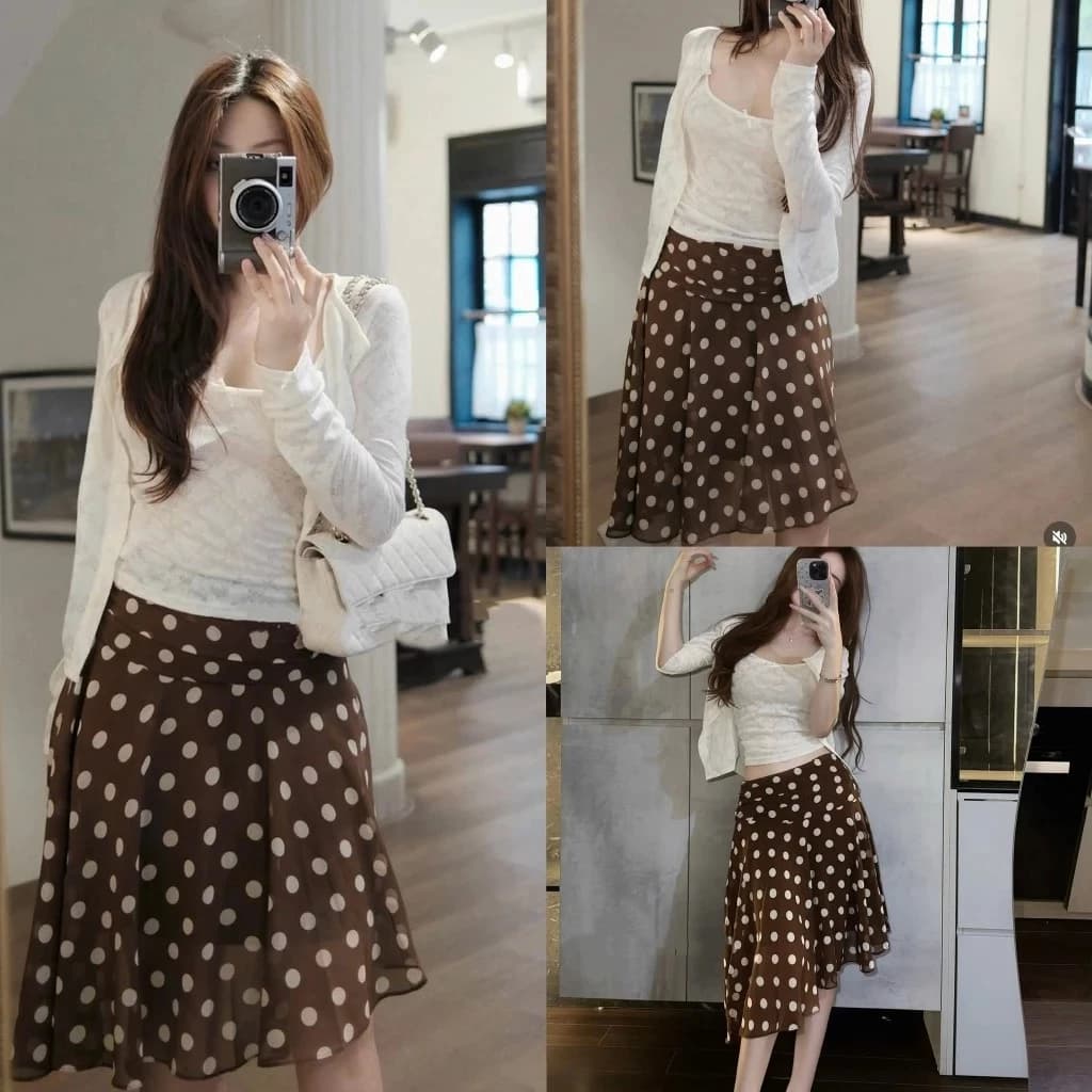 (Sẵn Ship) Set áo 2 dây ren đính nơ kèm khoác mix chân váy chấm bi nâu lệch tà cách điệu JYNNA TOP
