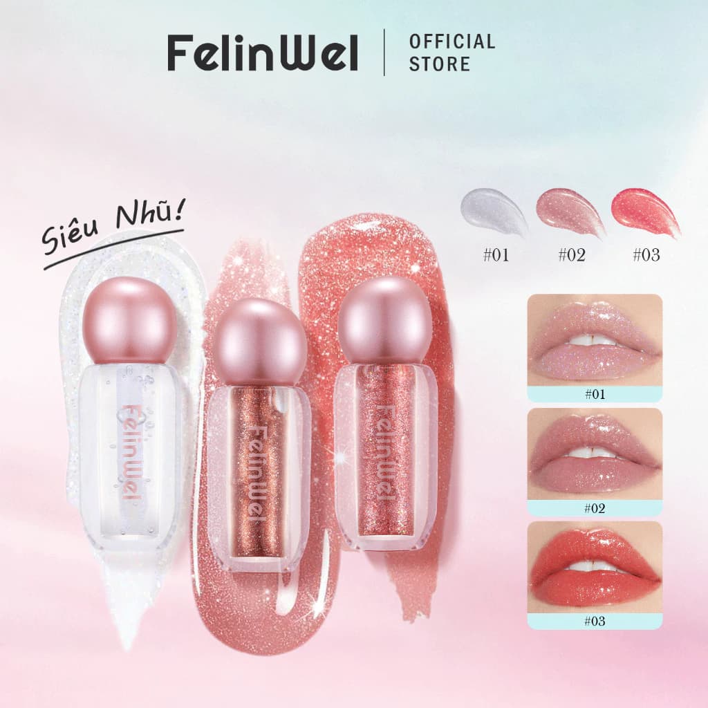 FelinWel - Son Bóng Lấp Lánh Dưỡng Ẩm, Bóng Rực Rỡ Không Dính, Kết Cấu Tươi Mát Có Thể Layering, 3 Sắc Thái