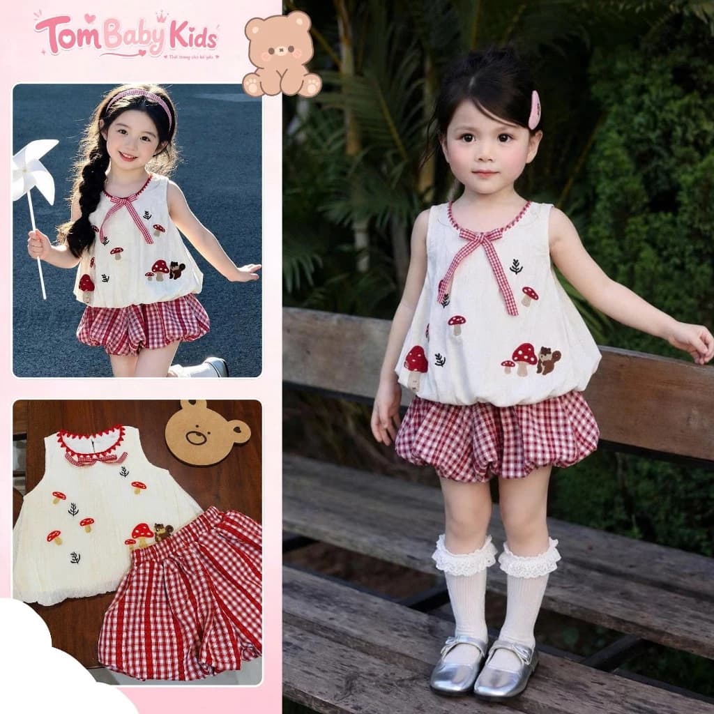 Bộ bé gái mùa hè, set đồ bé gái áo Tơ Thêu Nấm kèm quần quần bí Caro Đỏ cho bé 8-28kg Tom Baby Kids (B-025-HN)