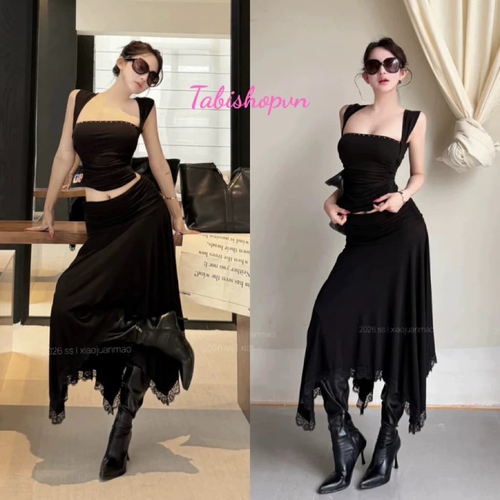 Set áo cổ vuông phối chân váy midi cắt xẻ lạ mắt TABISHOP Set đồ nữ sang chảnh mặc đi dạo đi tiệc đi chơi(351)